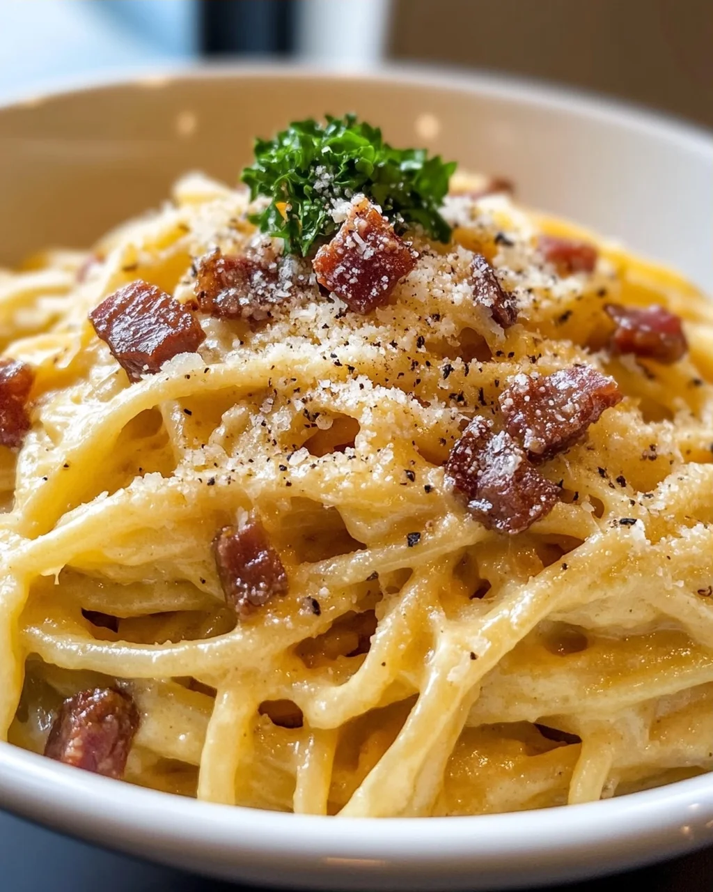 Cremige Carbonara Pasta Bowl: Rind & Parmesan Pur