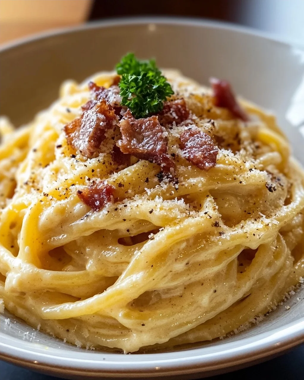 Cremige Carbonara Pasta Bowl: Rind & Parmesan Pur