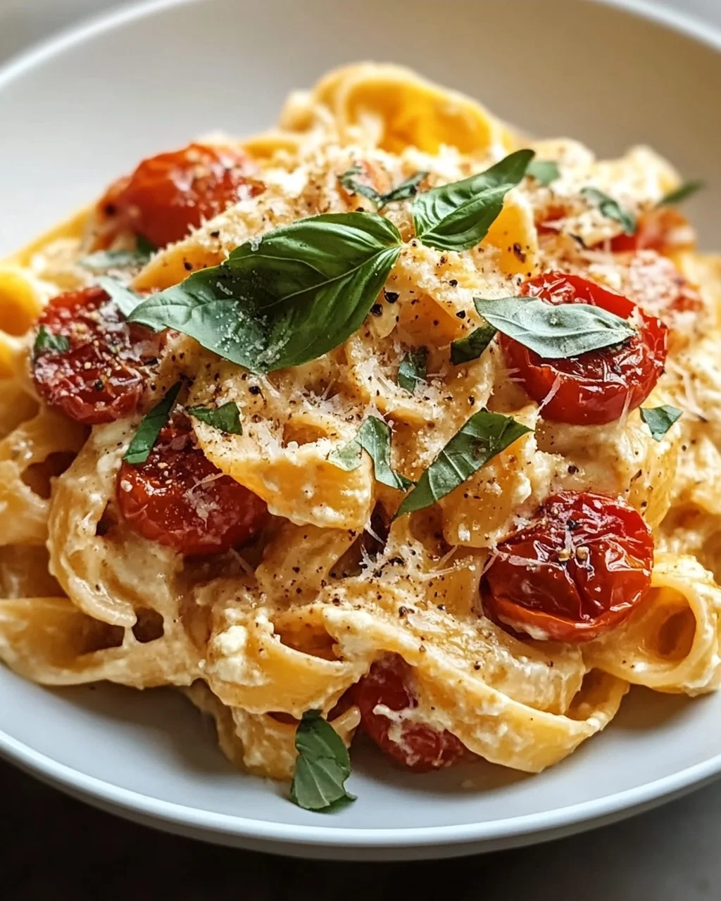 Cremige Ricotta Pasta mit gerösteten Tomaten & Knoblauch