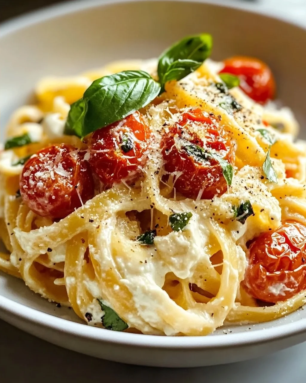 Cremige Ricotta Pasta mit gerösteten Tomaten & Knoblauch