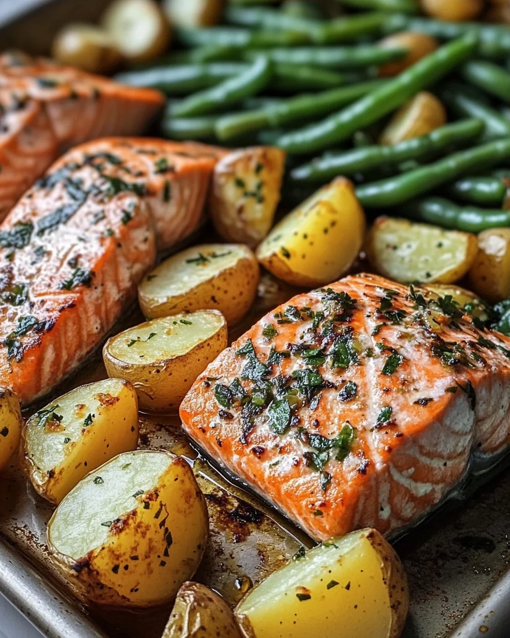 Einfaches Blechlachs Rezept mit grünen Bohnen und Kartoffeln