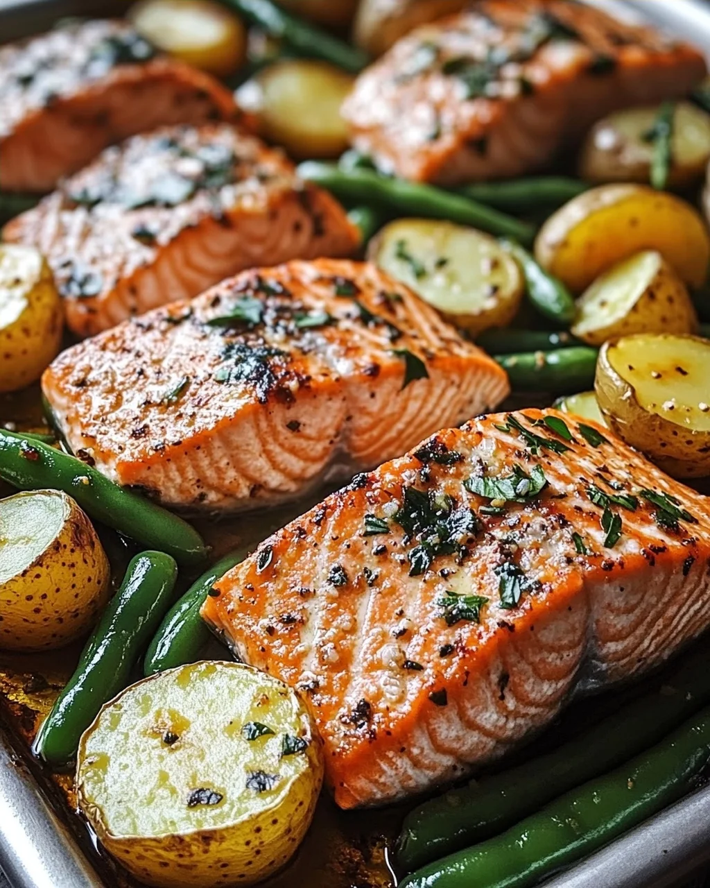 Einfaches Blechlachs Rezept mit grünen Bohnen und Kartoffeln
