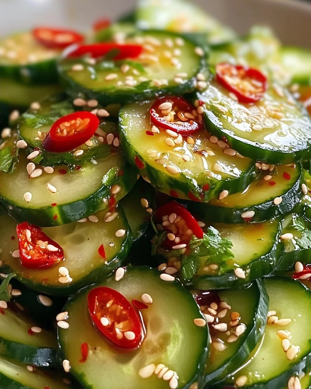 Erfrischender Asiatischer Gurkensalat mit Chili und Sesam