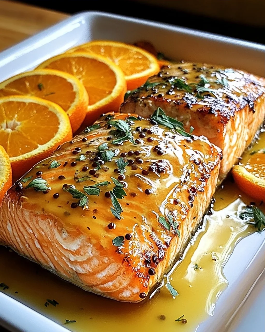 Gebackener Orangen-Lachs mit Honig-Senf-Glasur