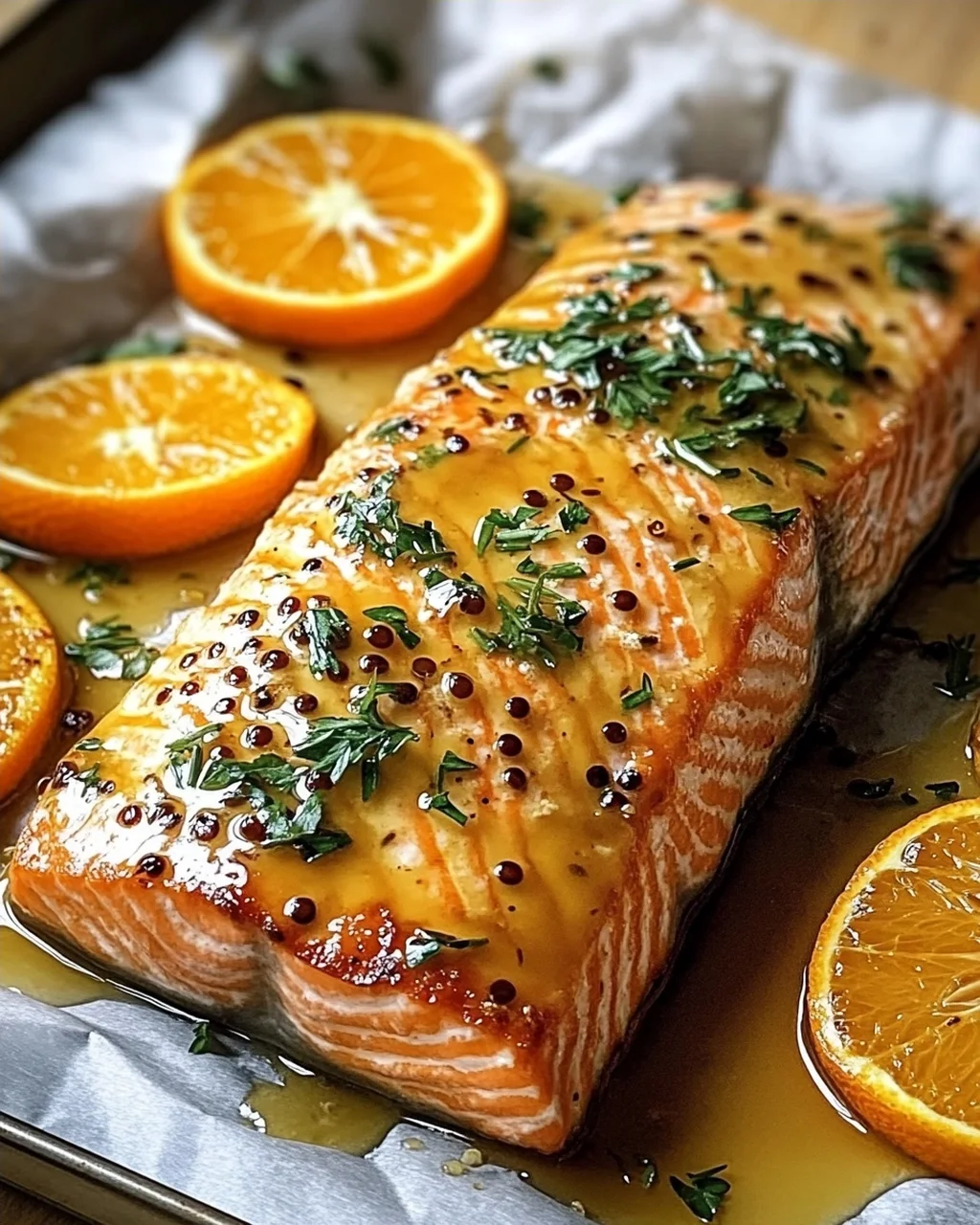 Gebackener Orangen-Lachs mit Honig-Senf-Glasur