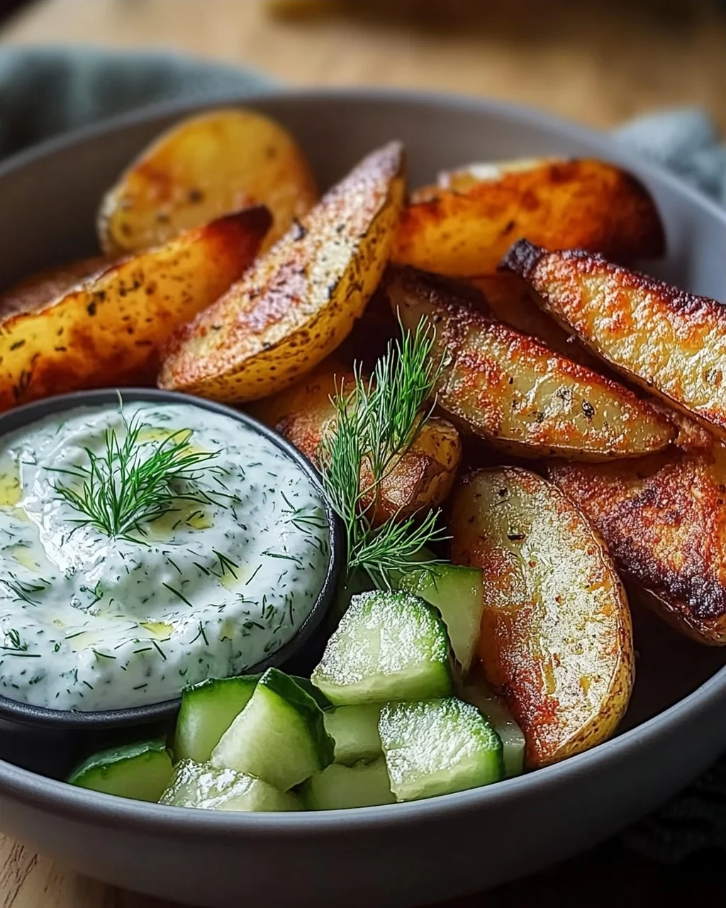 Kartoffelspalten mit Gurkendip