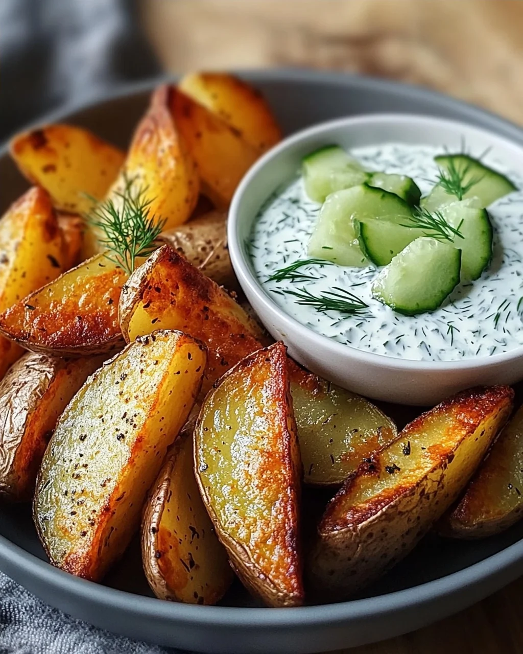 Kartoffelspalten mit Gurkendip