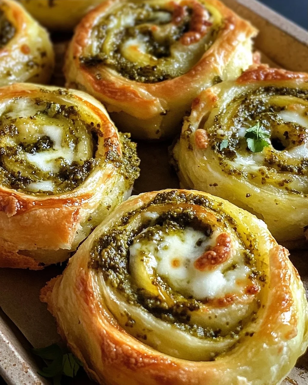 Knusprige Blätterteig-Pizzaschnecken mit Pesto und Mozzarella