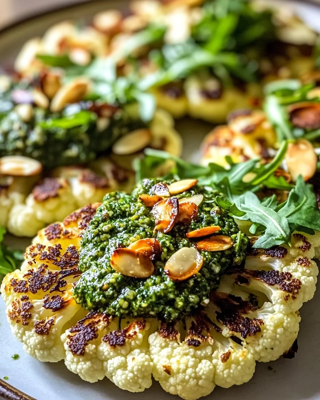 Knusprige Blumenkohl Steaks mit Mandel Pesto & Rucola