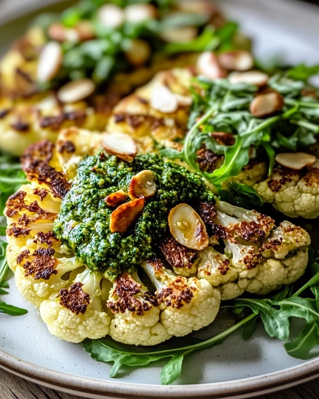 Knusprige Blumenkohl Steaks mit Mandel Pesto & Rucola
