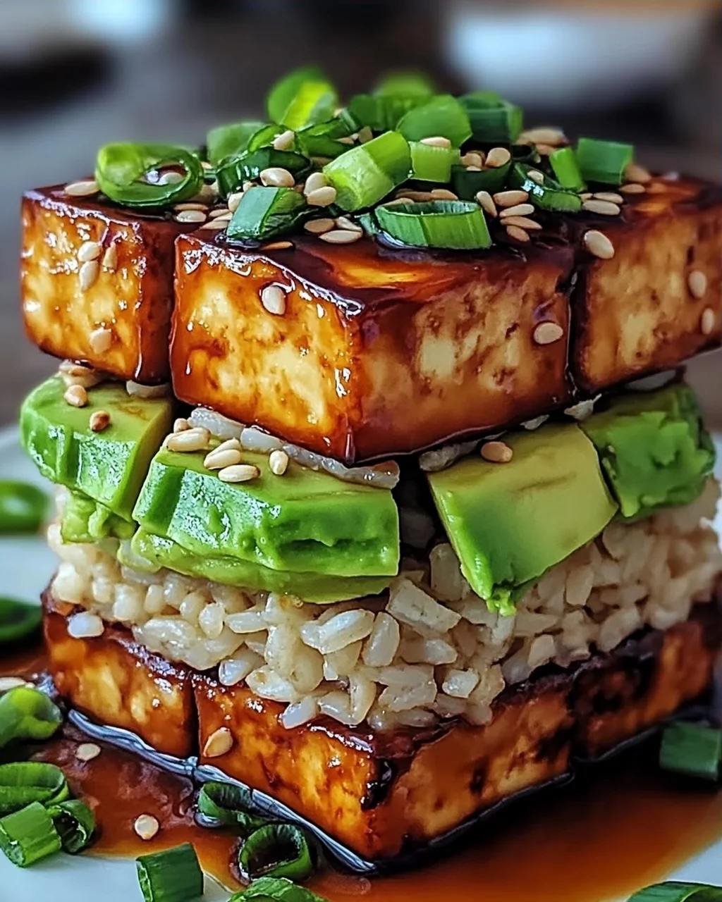 Krosse Teriyaki-Tofu- und Avocado-Reis-Stapel für Zuhause