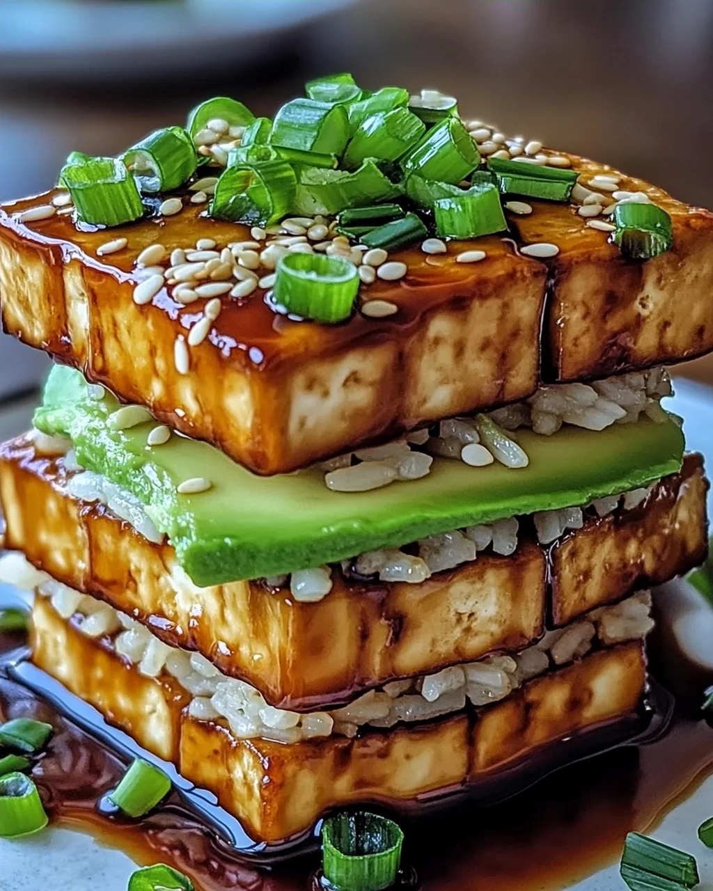 Krosse Teriyaki-Tofu- und Avocado-Reis-Stapel für Zuhause