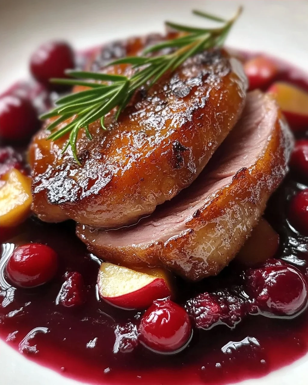 Perfekt knusprige Entenbrust auf fruchtiger Cranberry-Apfel-Soße