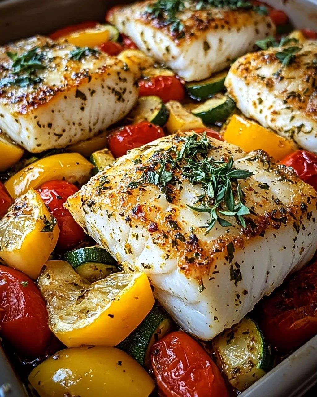 Rezept für mediterran gebackene Fischfilets mit Gemüse