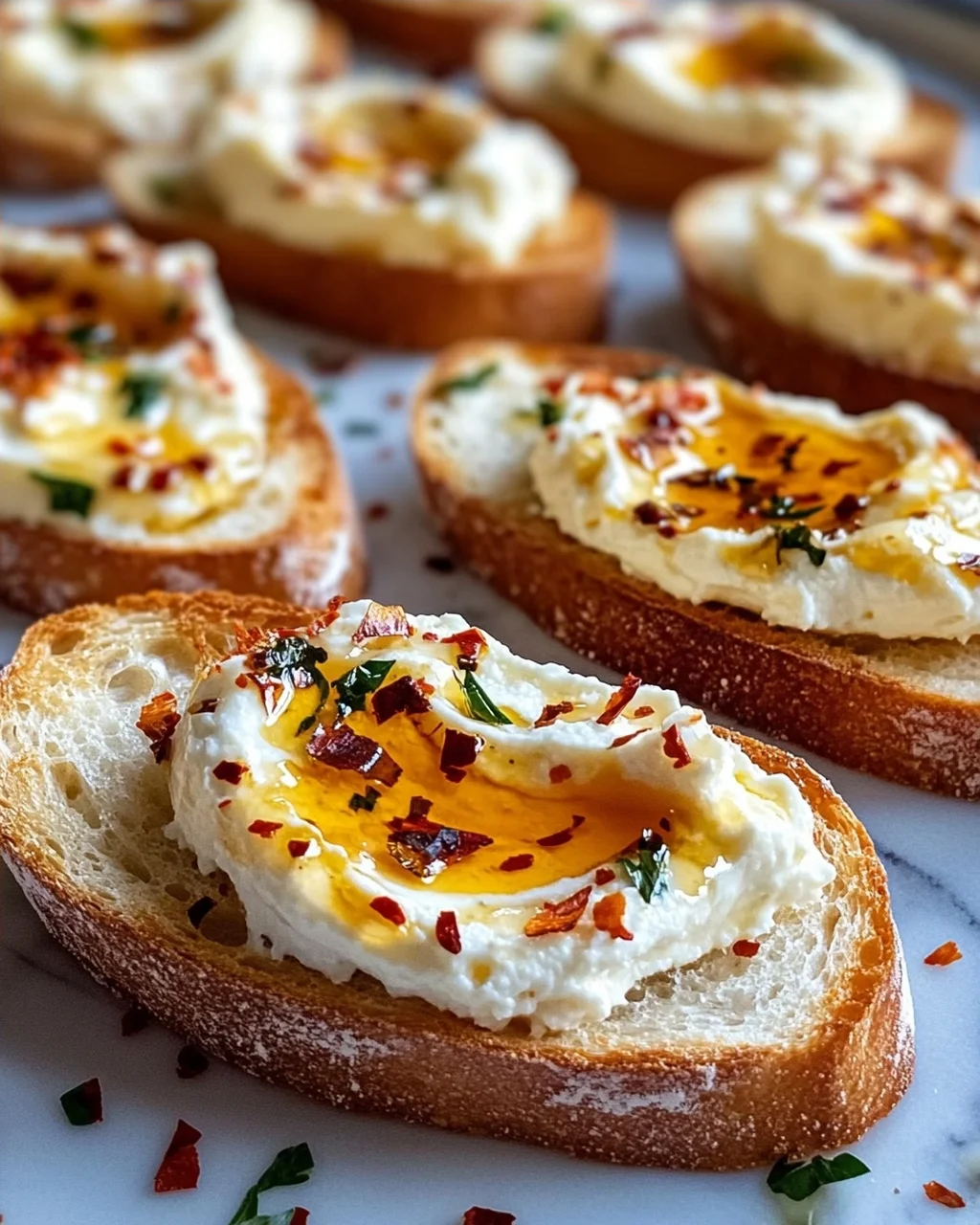 Süße scharfe Hot Honey Feta Crostini: Cremig & unwiderstehlich