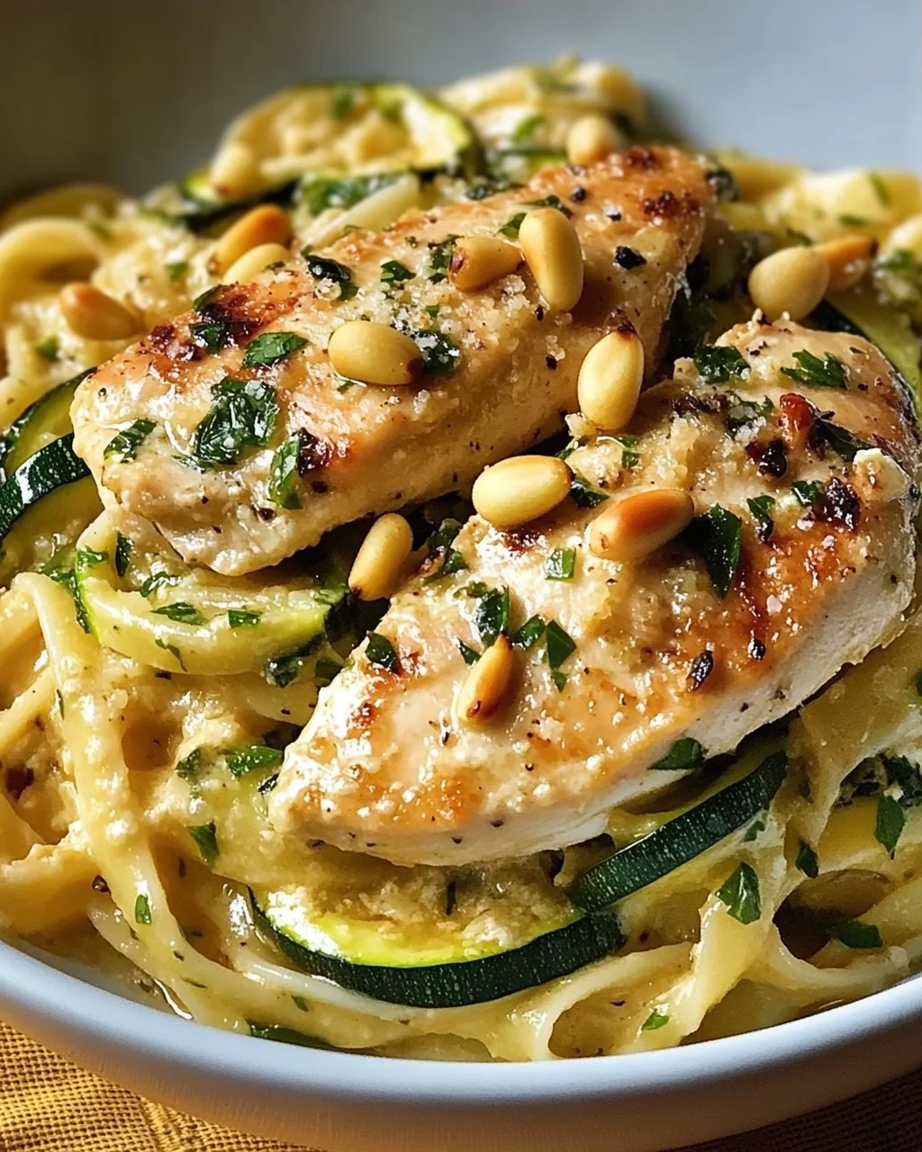 Zucchini Parmesan Pasta mit Hähnchen und Pinienkernen