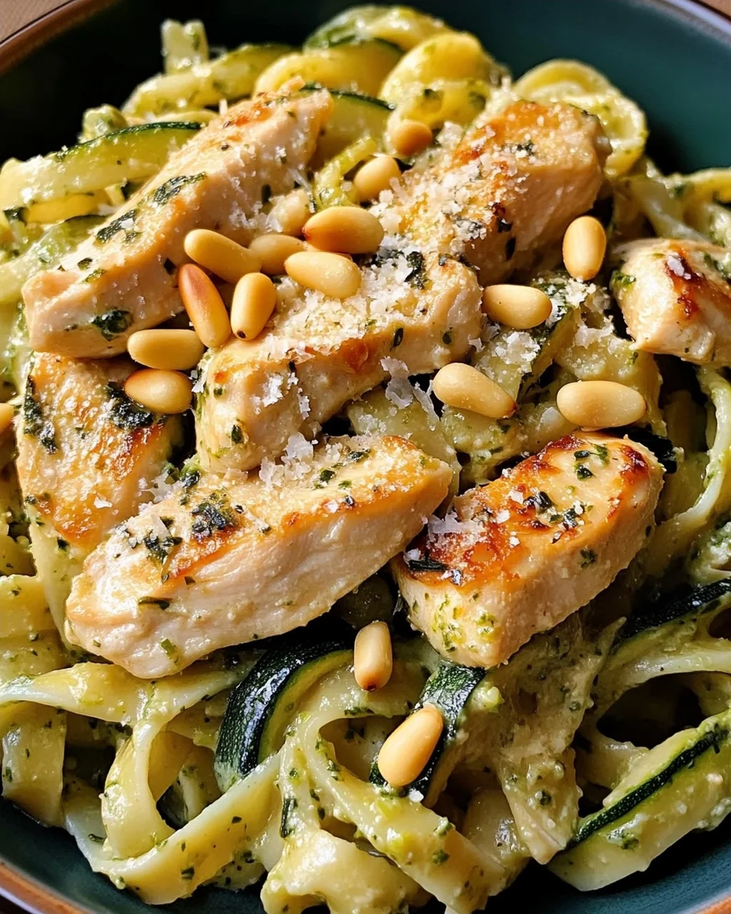 Zucchini Parmesan Pasta mit Hähnchen und Pinienkernen
